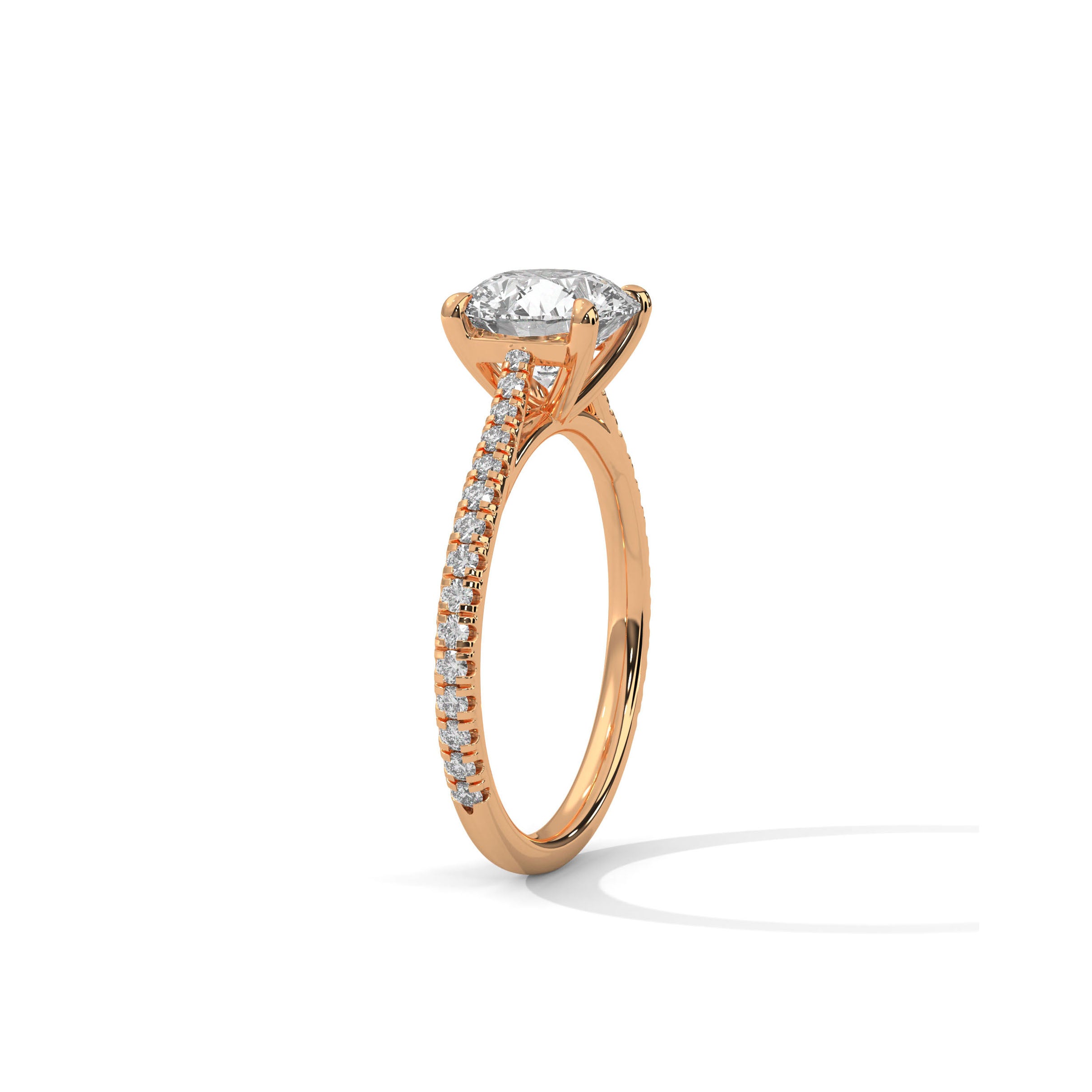 Four Prong Cathedral Engagement Ring with Pave in 18K Rose Gold | Lab Grown Diamond