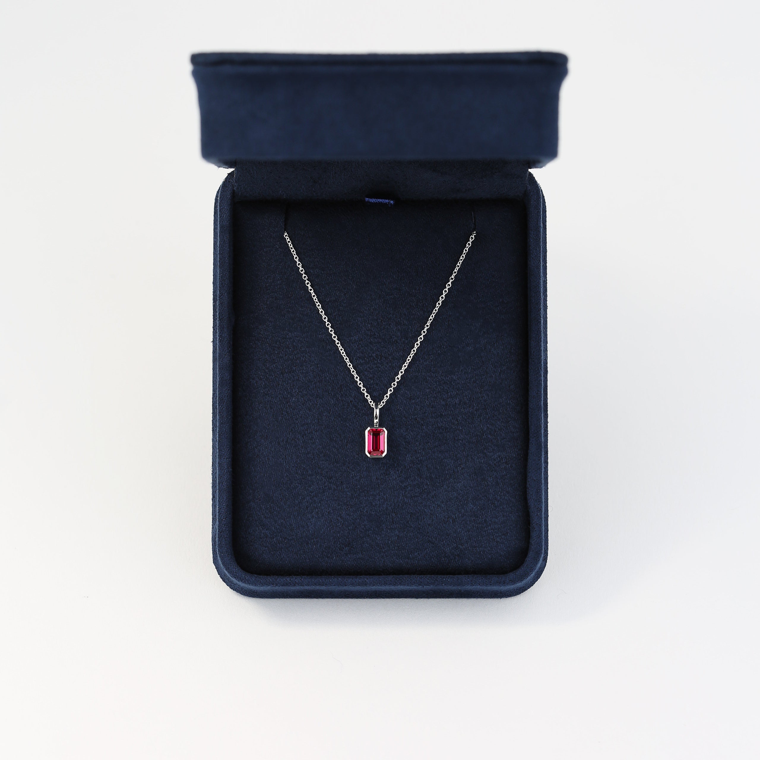 Sterling Silver Emerald-Cut Lab-Grown Ruby Bezel Pendant 6x4mm | 16" Chain