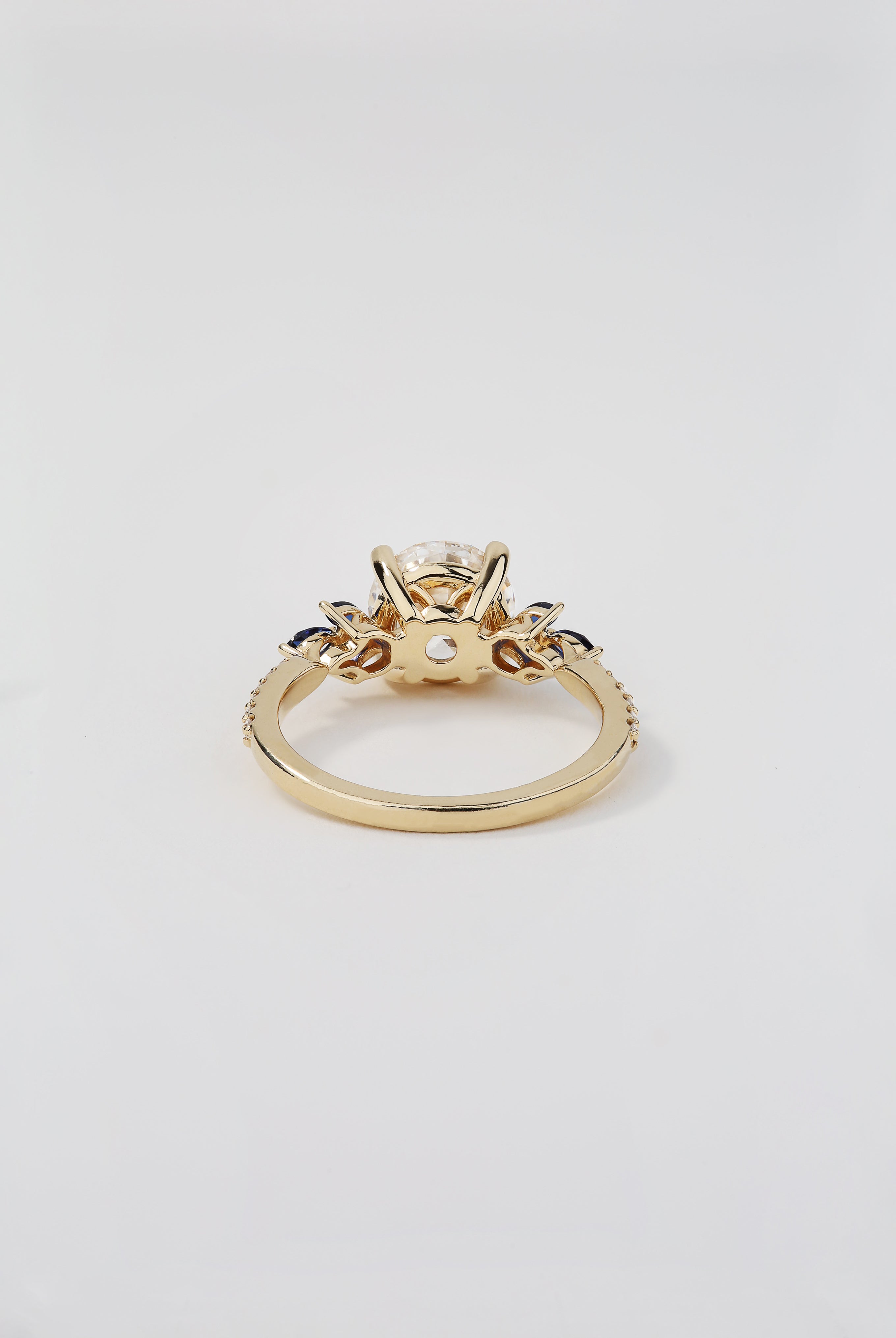 14K Yellow Gold Round Lab-Grown Diamond Engagement Ring 8X GCAL 2.02 ct Centre, Marquise Lab-Grown Blue Sapphires, Lab-Grown Diamond Accents