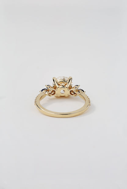14K Yellow Gold Round Lab-Grown Diamond Engagement Ring 8X GCAL 2.02 ct Centre, Marquise Lab-Grown Blue Sapphires, Lab-Grown Diamond Accents