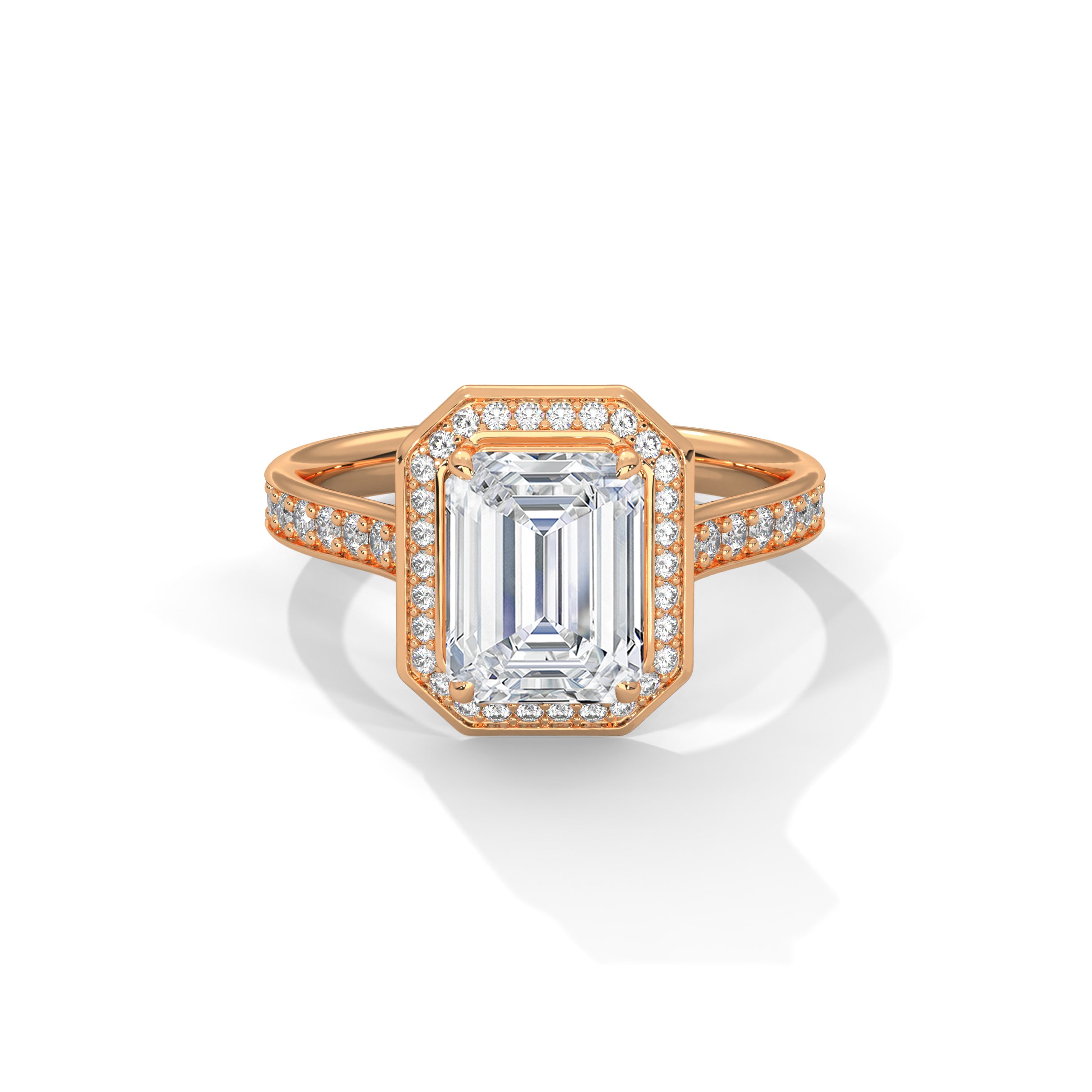 Emerald Halo Engagement Ring with Pave 18K Rose Gold | Lab Grown Diamond