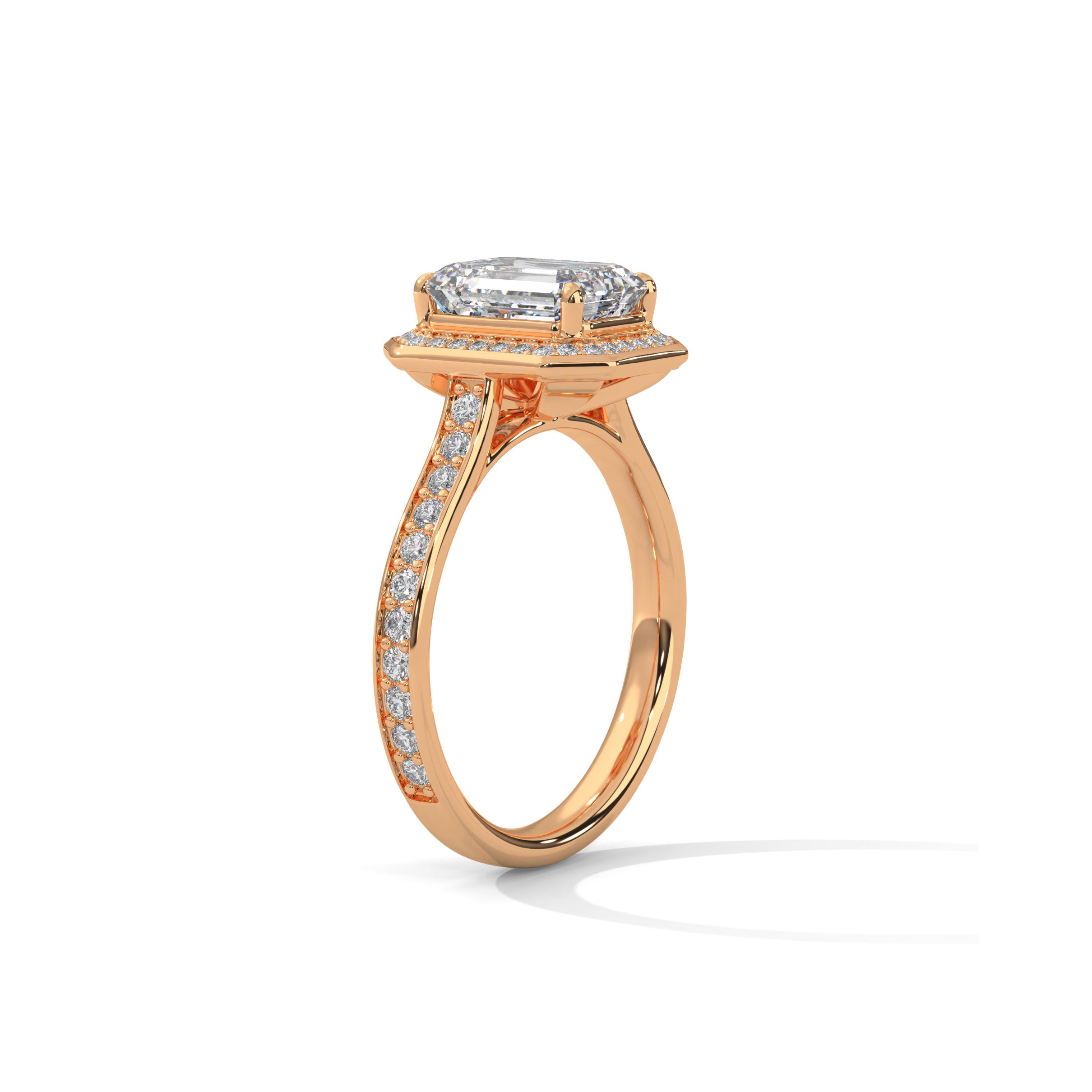 Emerald Halo Engagement Ring with Pave 18K Rose Gold | Lab Grown Diamond