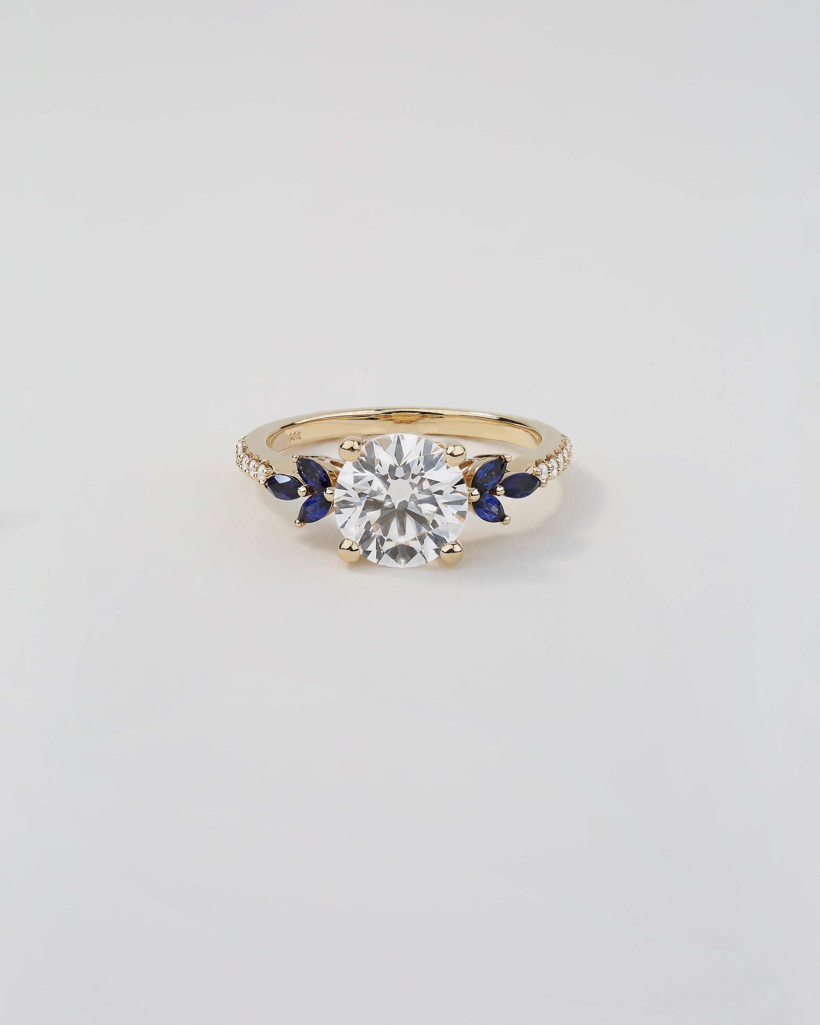14K Yellow Gold Round Lab-Grown Diamond Engagement Ring 8X GCAL 2.02 ct Centre, Marquise Lab-Grown Blue Sapphires, Lab-Grown Diamond Accents