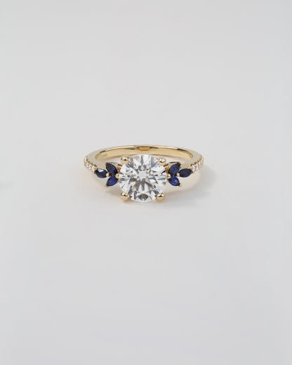 14K Yellow Gold Round Lab-Grown Diamond Engagement Ring 8X GCAL 2.02 ct Centre, Marquise Lab-Grown Blue Sapphires, Lab-Grown Diamond Accents