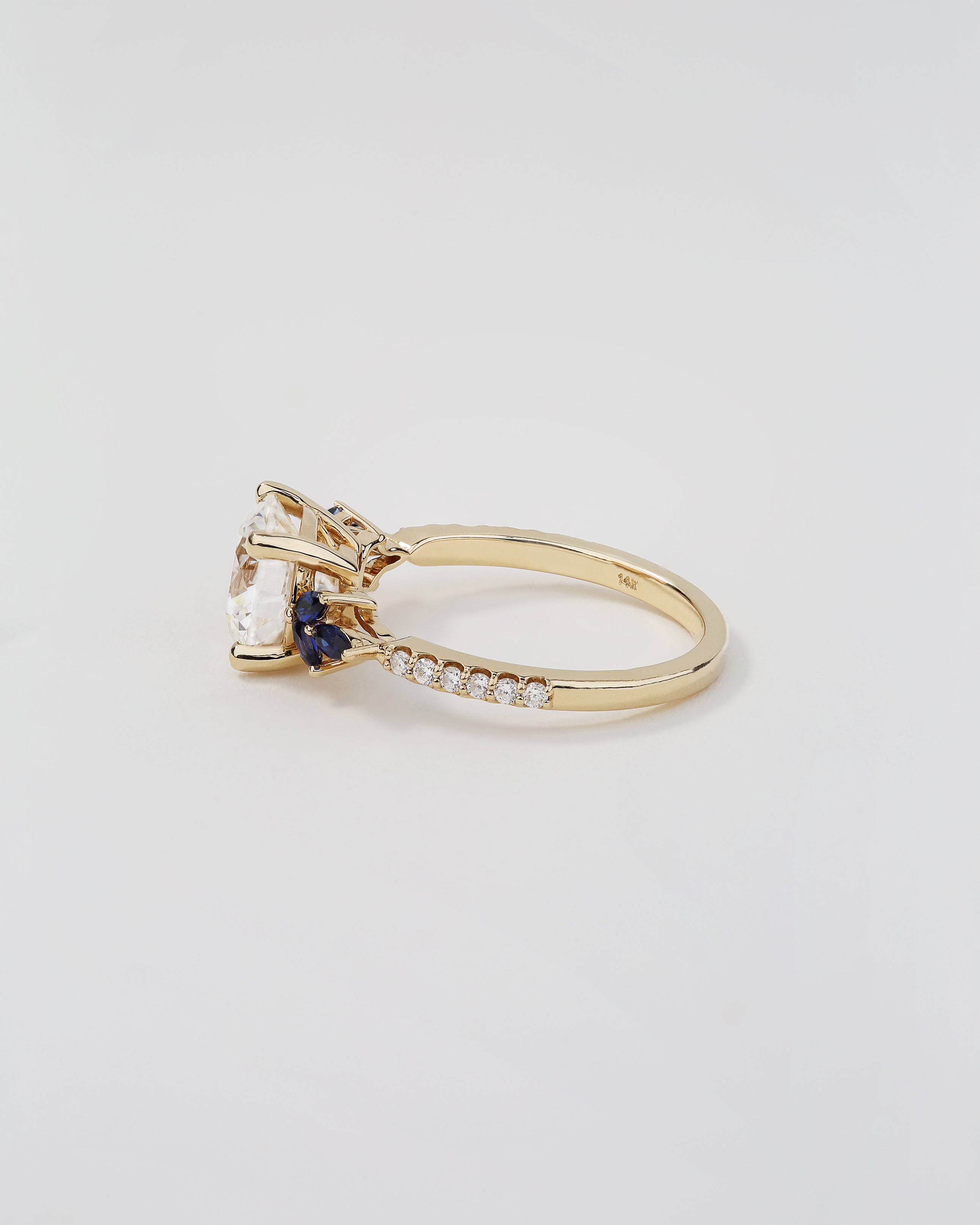 14K Yellow Gold Round Lab-Grown Diamond Engagement Ring 8X GCAL 2.02 ct Centre, Marquise Lab-Grown Blue Sapphires, Lab-Grown Diamond Accents