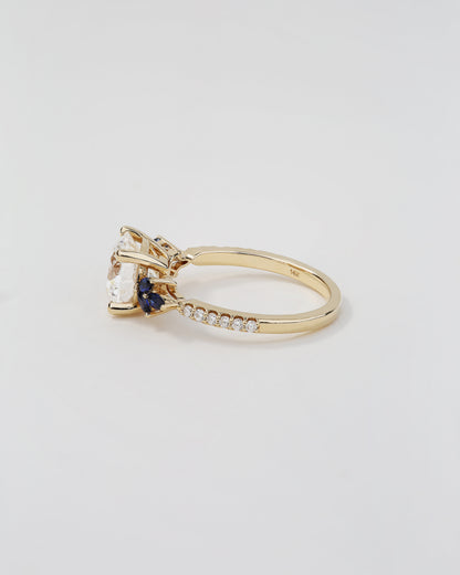 14K Yellow Gold Round Lab-Grown Diamond Engagement Ring 8X GCAL 2.02 ct Centre, Marquise Lab-Grown Blue Sapphires, Lab-Grown Diamond Accents