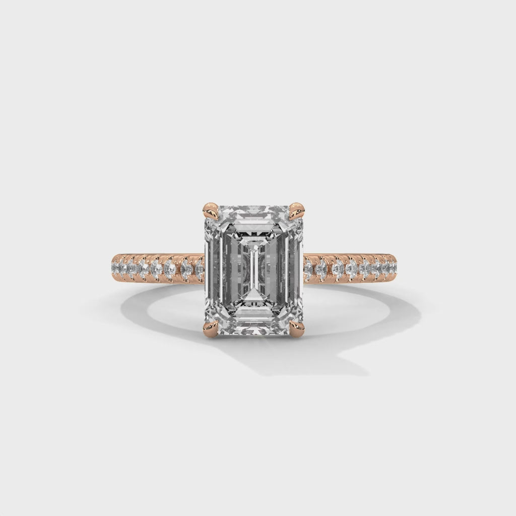Emerald Engagement Ring with Pave 18K Rose Gold | Lab Grown Diamond